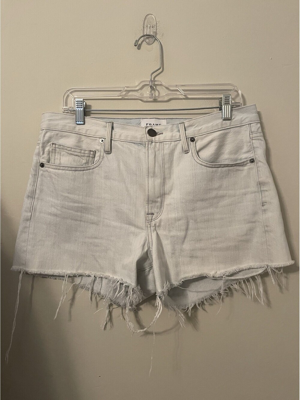 FRAME Le Brigette Denim Shorts Light Wash Distressed Raw Hem Size 28
